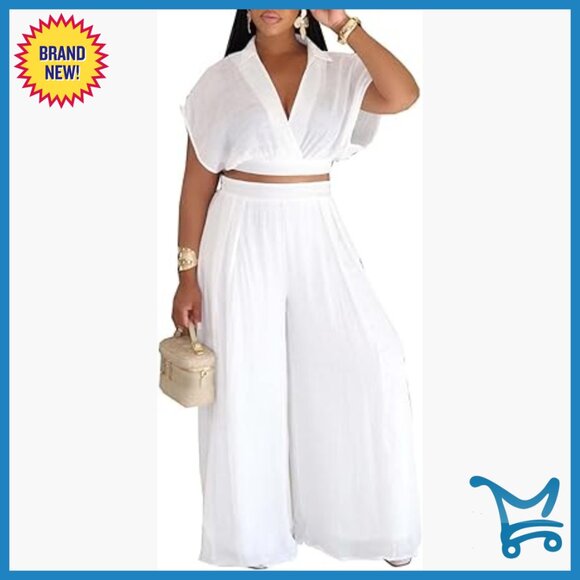Wrap V Neck Crop Top & Wide Leg Pants Set Rayon Polyester Loose Fit